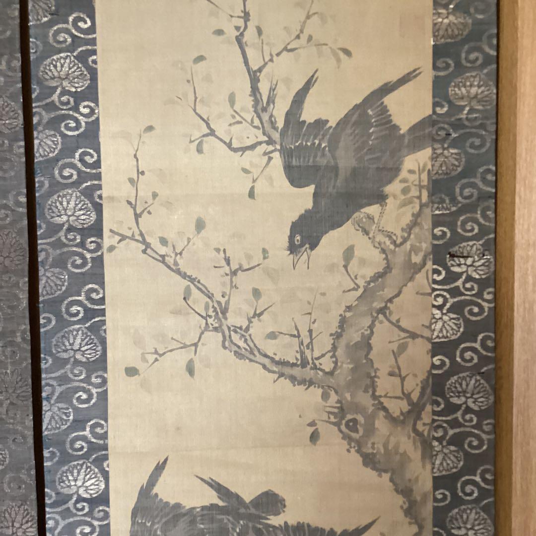 熊代熊斐　　彩色画　絹本【花鳥画　叭　叭　鳥　双幅　】　肉筆画　保存箱　　439