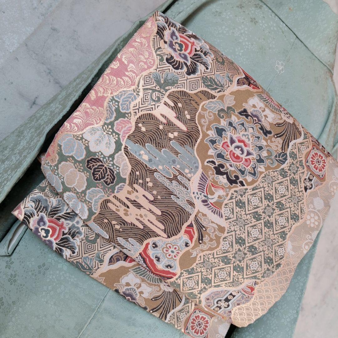 色無地　着物　フルセット　正絹　地紋豪華花　緑　パステルグリーン　爽やか　E1