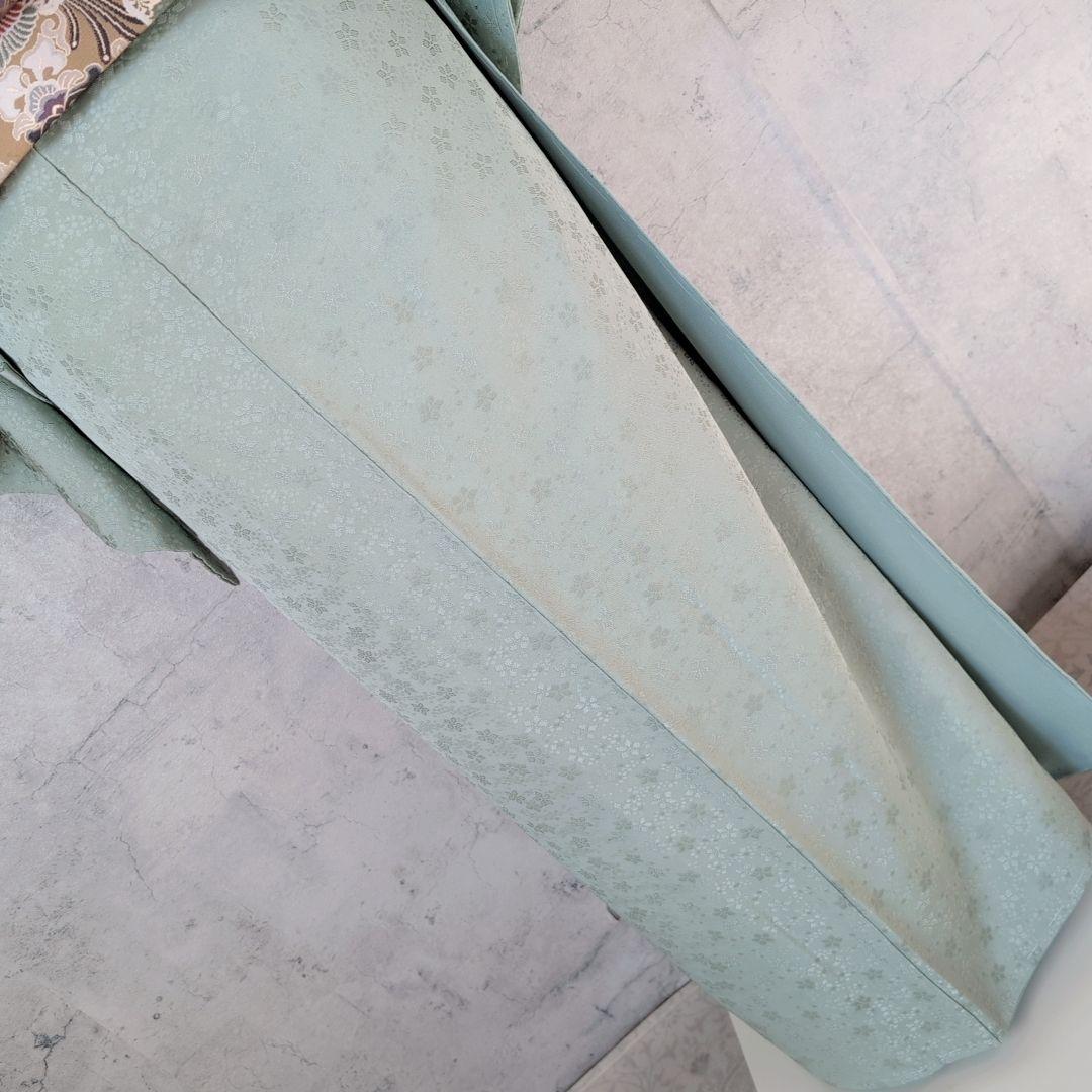 色無地　着物　フルセット　正絹　地紋豪華花　緑　パステルグリーン　爽やか　E1