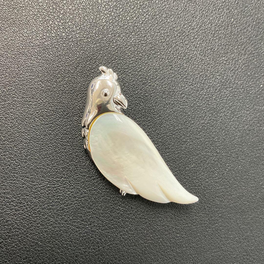 X20 タサキ　TASAKI 田崎　インコ　鳥　バード　ブローチ シルバーと貝殻