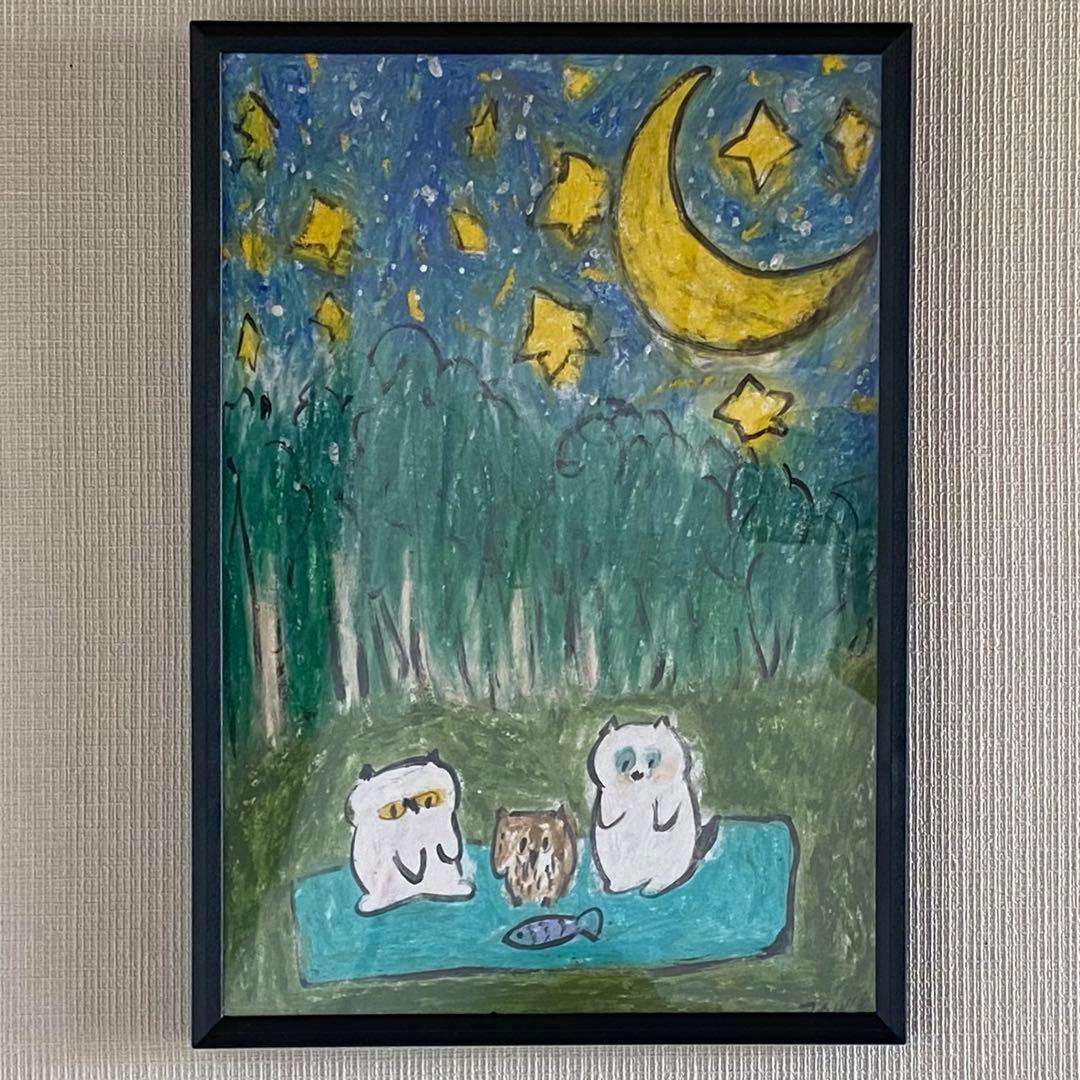 絵画 。壁掛け絵原画手描き【美しい月夜、猫たちとフクロウのデート】