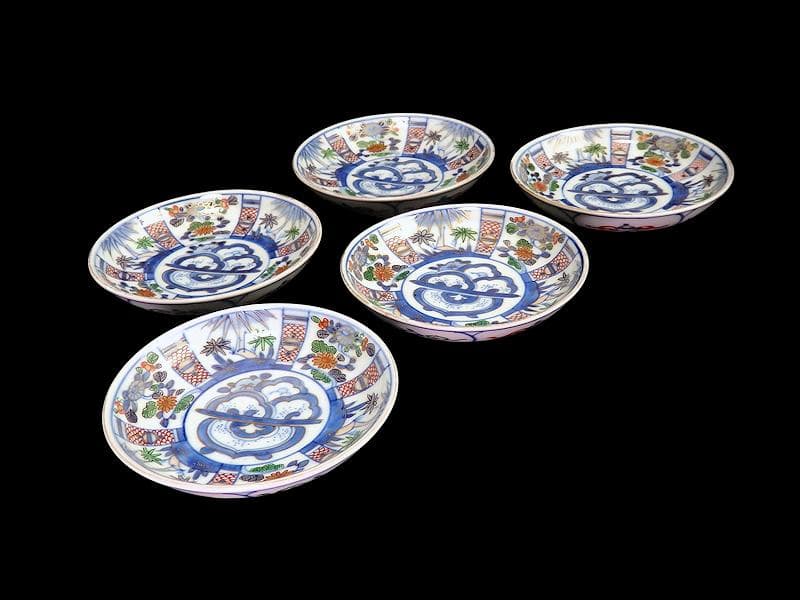 大聖寺伊万里　染錦　割絵　菊に笹の図　４寸皿　５枚　1592AS-DAc
