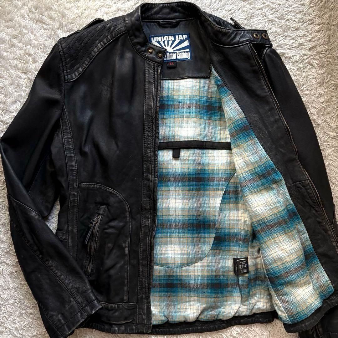 ★羊革 XLサイズ★ UNION JAP ライダースジャケット ダメージ加工 黒