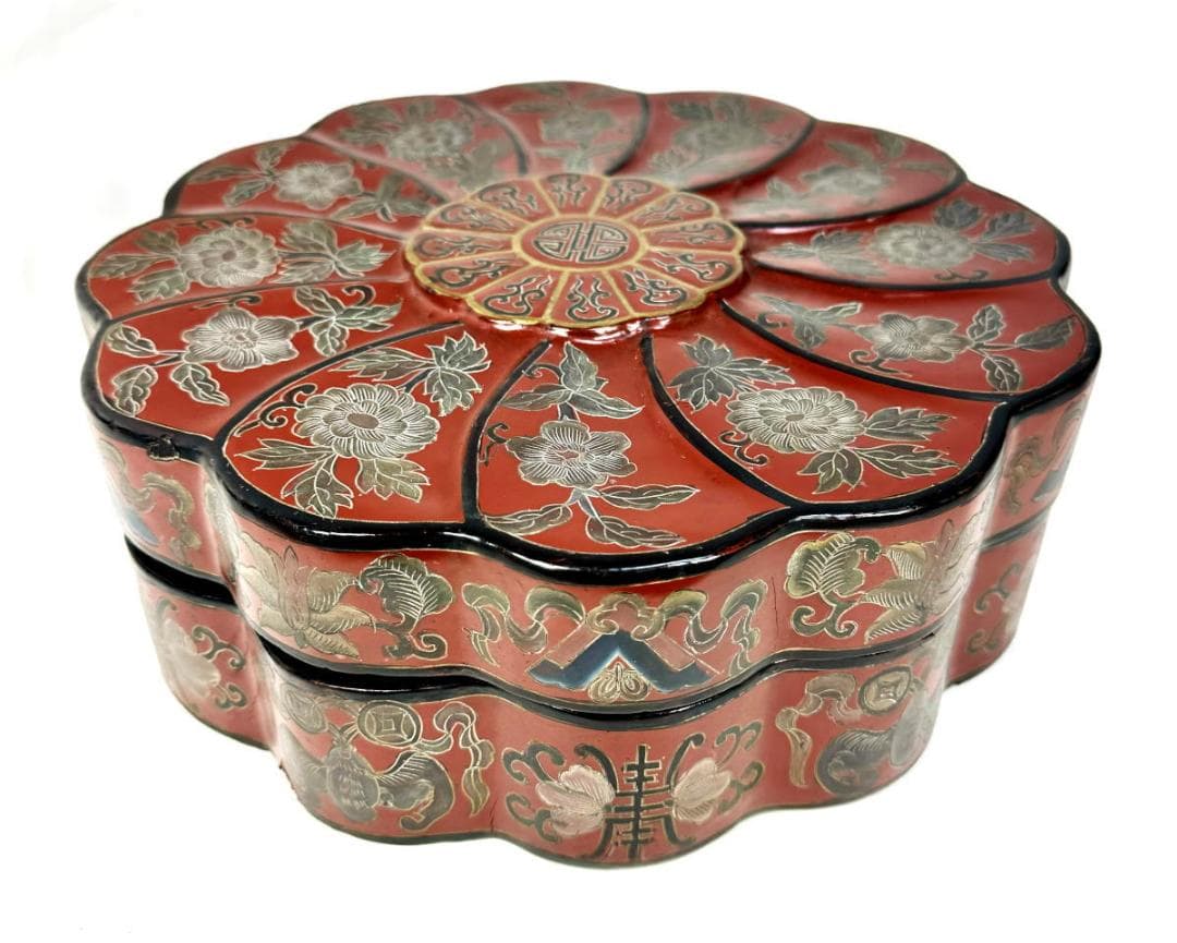 時代物 木製 唐花唐草福壽七宝塗菓子器 唐物喰籠 彩絵 沈金 描金WWWT034