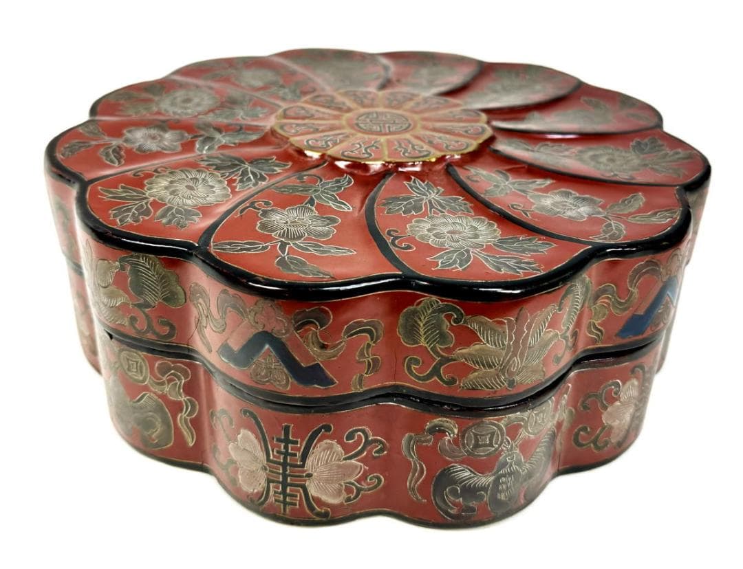 時代物 木製 唐花唐草福壽七宝塗菓子器 唐物喰籠 彩絵 沈金 描金WWWT034