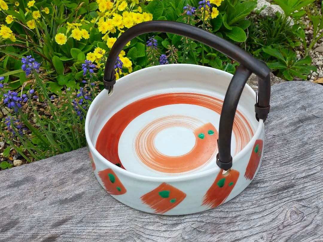 ♥九谷　鉢　銅の持ち手付き　菓子鉢　茶道具　骨董　古玩　レトロ　アンティーク