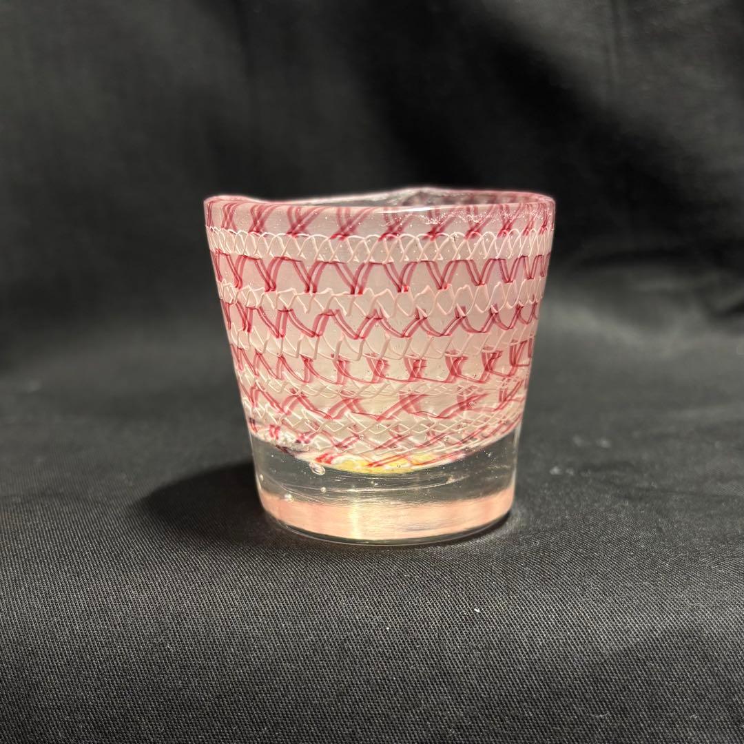 コアガラス　小暮紀一　冷酒杯　レース文様　赤　ぐい呑　おちょこ