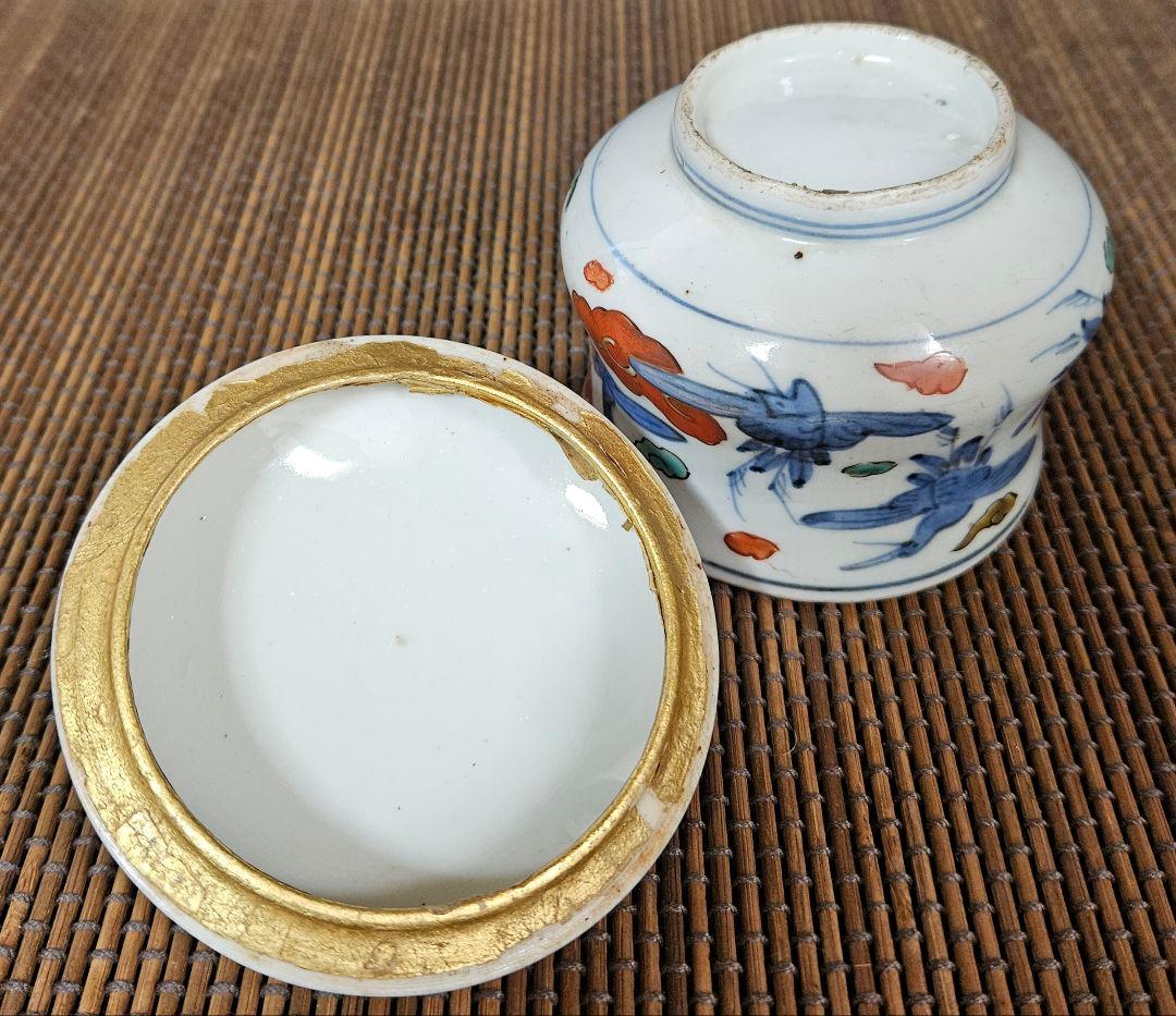 江戸時代後期　古伊万里　染錦　雲鶴　15羽図　蓋付　キャンディーポット　小物入れ