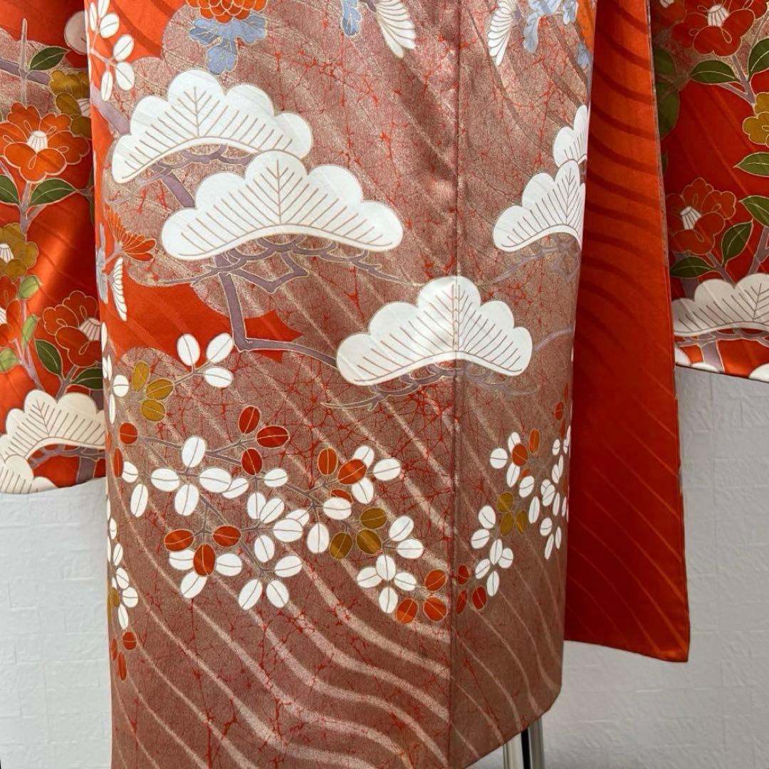 451 振袖フルセット 正絹 朱 オレンジ 金彩 駒刺繍 古典 松竹梅
