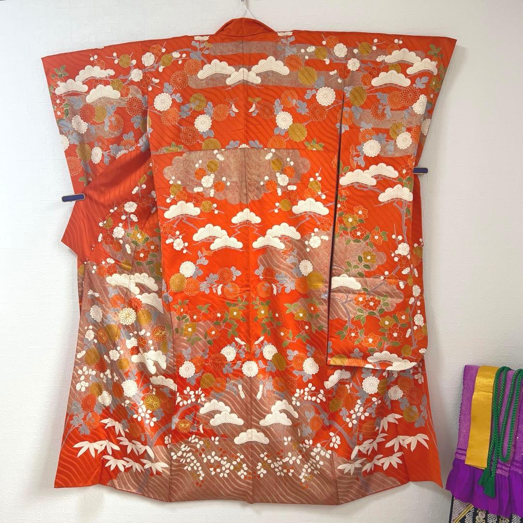 451 振袖フルセット 正絹 朱 オレンジ 金彩 駒刺繍 古典 松竹梅