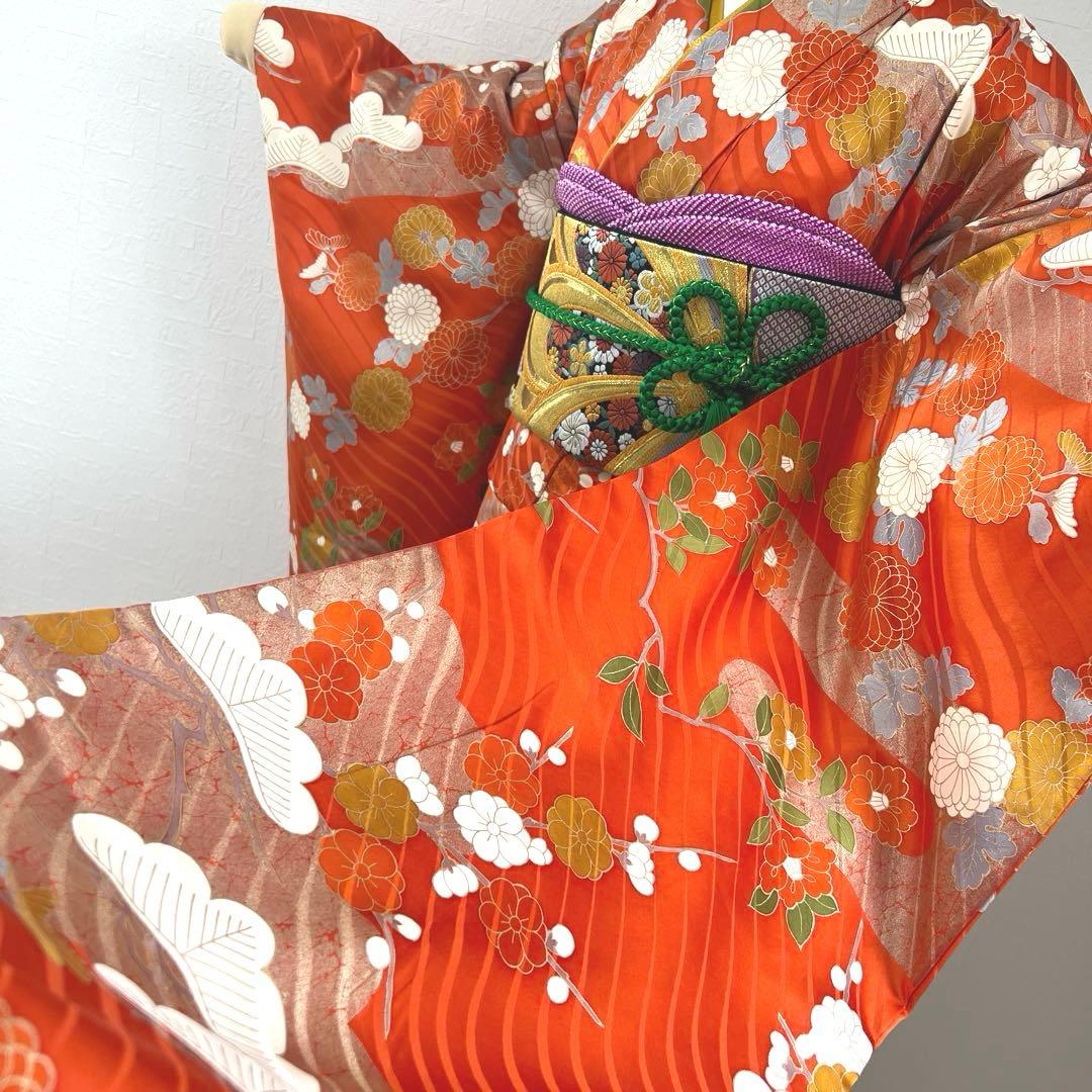 451 振袖フルセット 正絹 朱 オレンジ 金彩 駒刺繍 古典 松竹梅
