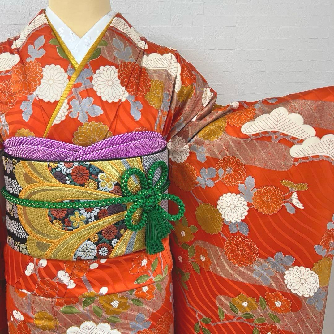 451 振袖フルセット 正絹 朱 オレンジ 金彩 駒刺繍 古典 松竹梅