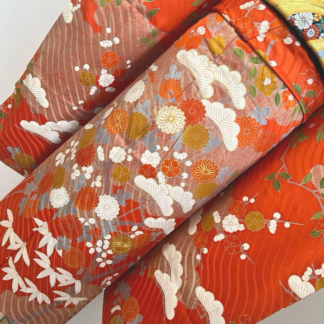451 振袖フルセット 正絹 朱 オレンジ 金彩 駒刺繍 古典 松竹梅