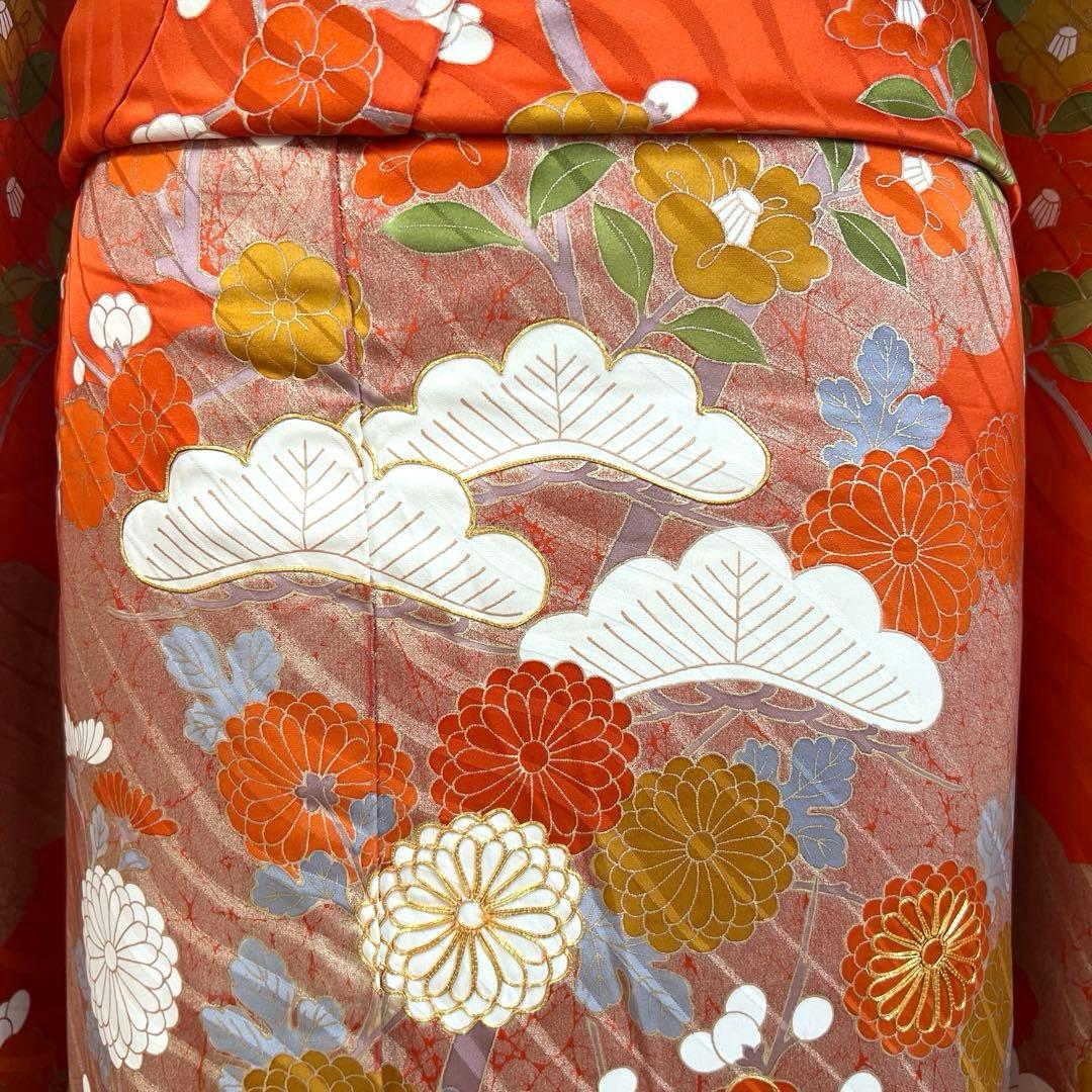 451 振袖フルセット 正絹 朱 オレンジ 金彩 駒刺繍 古典 松竹梅