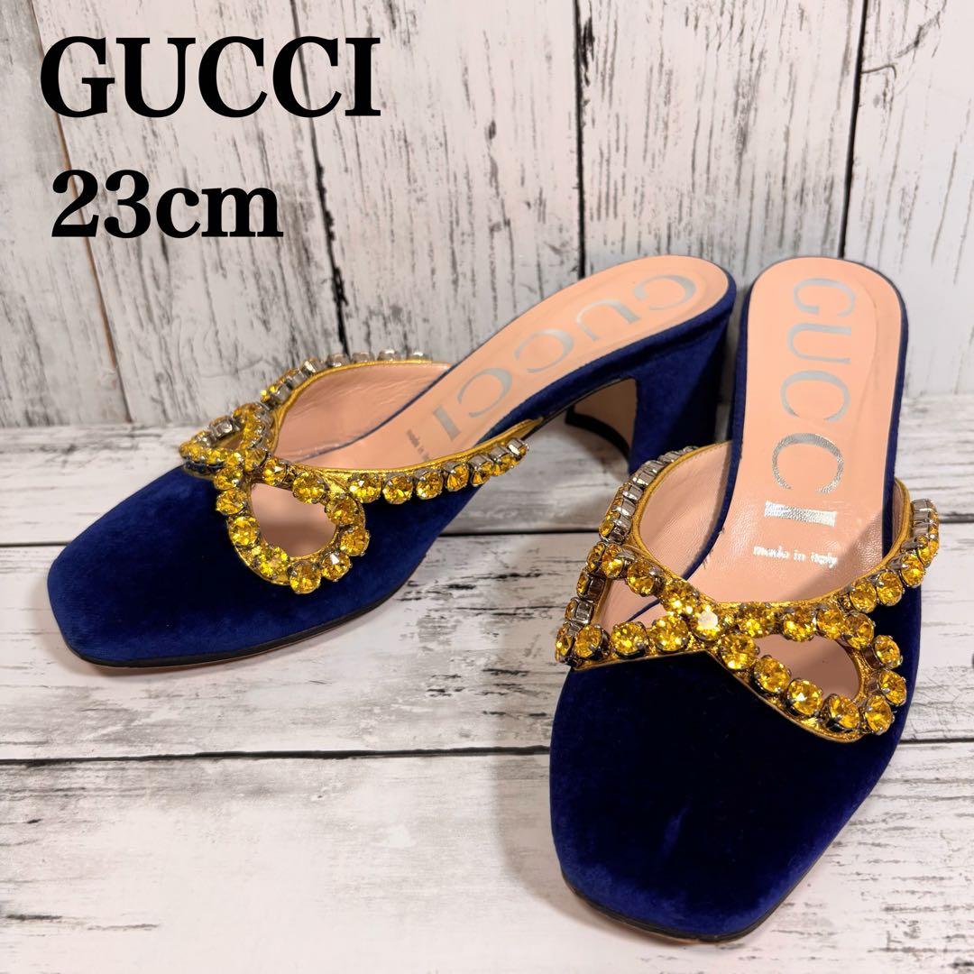 GUCCI ベロア サンダル ミュール リボン ビジュー チャンキーヒール.