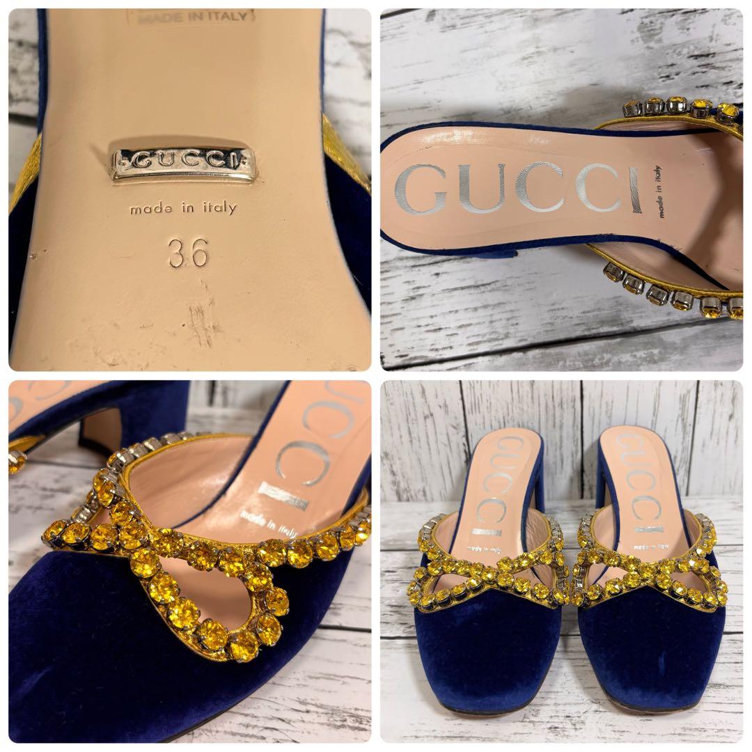 GUCCI ベロア サンダル ミュール リボン ビジュー チャンキーヒール.