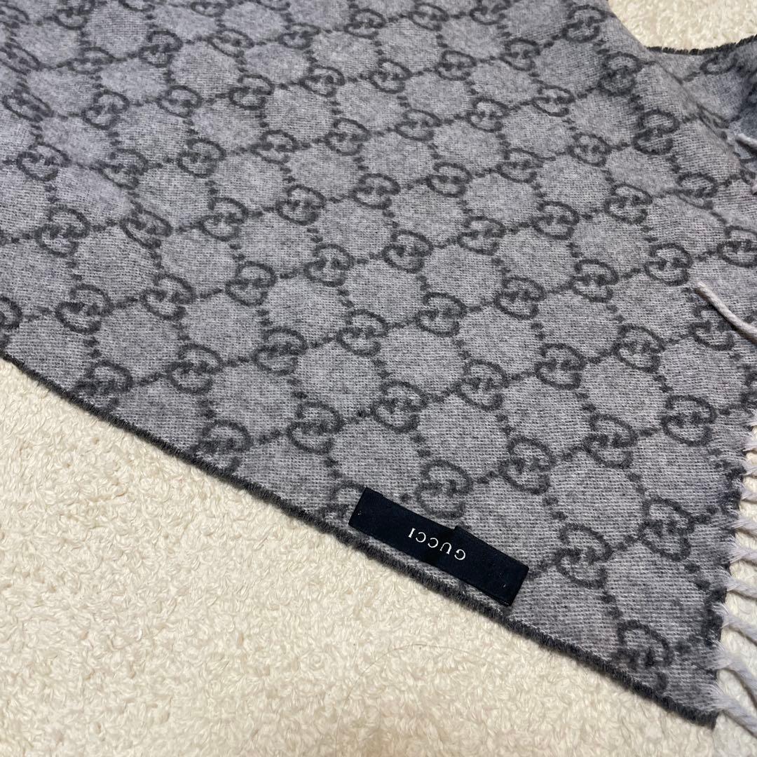 GUCCI グッチ GG柄 マフラー ストール フリンジ ウール グレー系正規品