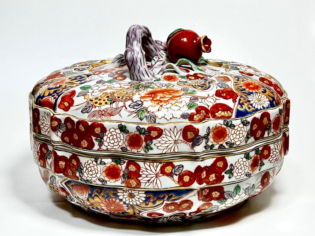 華榮堂 清朝末期 稀少品 広彩色絵 石榴摘蓋付大鉢 伊万里写 中国磁器