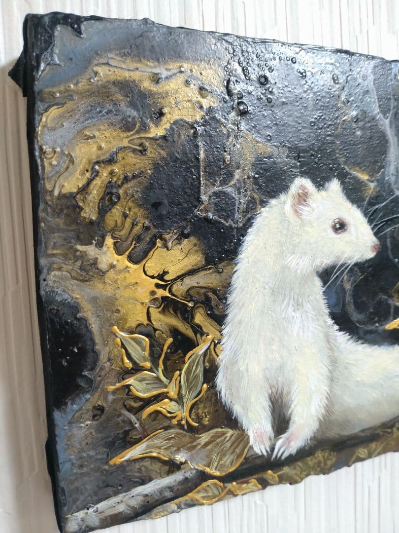 オコジョの油絵【白い妖精】作者サイン入り/真作/フルイドアート