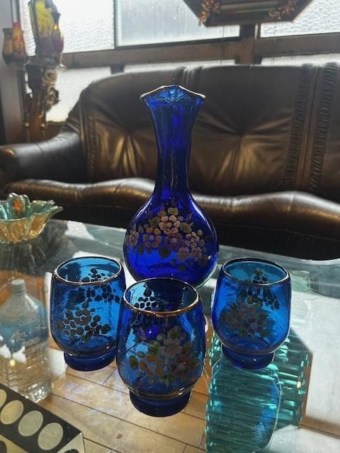青ガラス　瓶・コップセット【欠けあり】