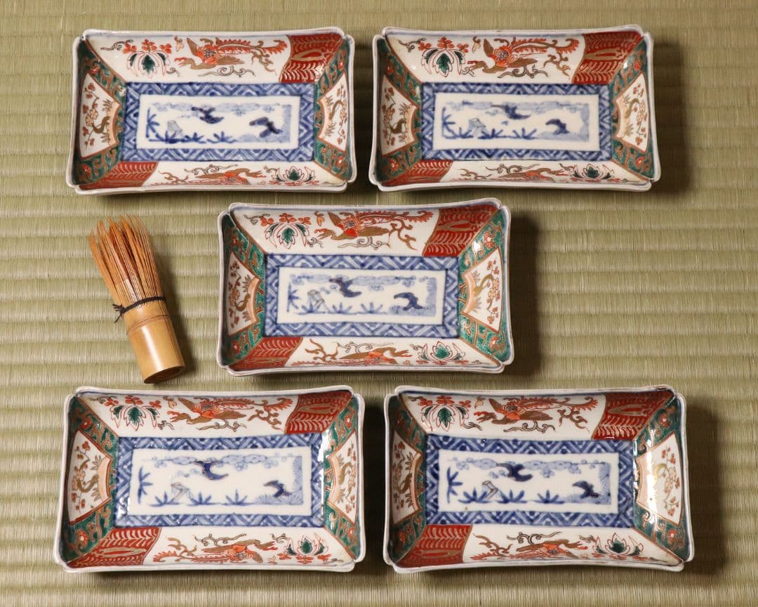 【CM51】古伊万里 色絵 長方刺身皿 角皿 五客 桐鳳凰 松竹梅 扇面 花唐草