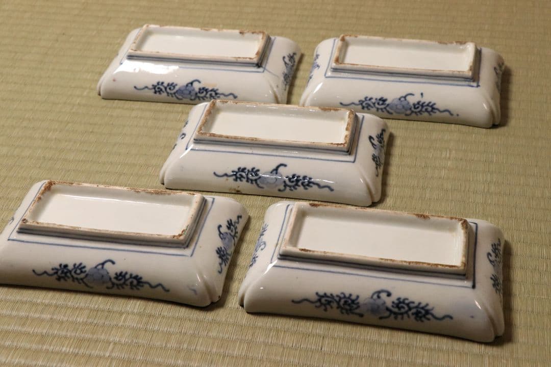 【CM51】古伊万里 色絵 長方刺身皿 角皿 五客 桐鳳凰 松竹梅 扇面 花唐草