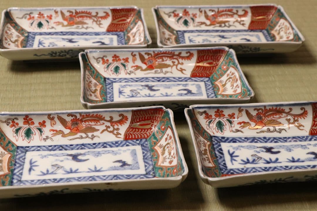 【CM51】古伊万里 色絵 長方刺身皿 角皿 五客 桐鳳凰 松竹梅 扇面 花唐草