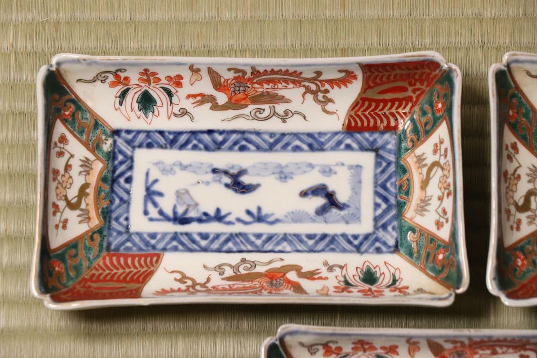 【CM51】古伊万里 色絵 長方刺身皿 角皿 五客 桐鳳凰 松竹梅 扇面 花唐草