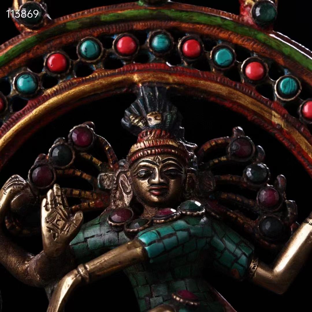 中国古美術・チベット収・純銅・蔵伝工芸・宝石彩絵描金・立自在度母・置物・供養仏像