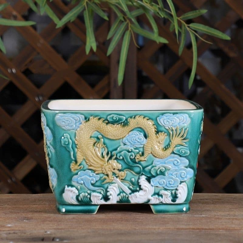 レリーフ竜丸角四方鉢 多肉菖蒲盆栽 植木鉢 小品盆栽鉢 大品盆栽鉢