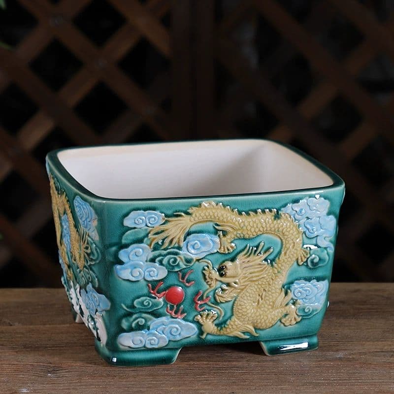 レリーフ竜丸角四方鉢 多肉菖蒲盆栽 植木鉢 小品盆栽鉢 大品盆栽鉢