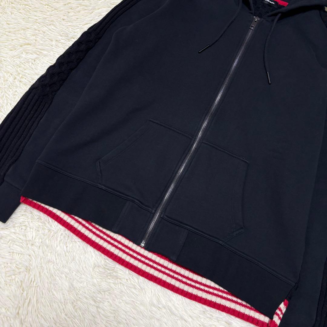 DIESEL ディーゼル ニット切り替えジャケット パーカー 黒 ロゴ 2XL
