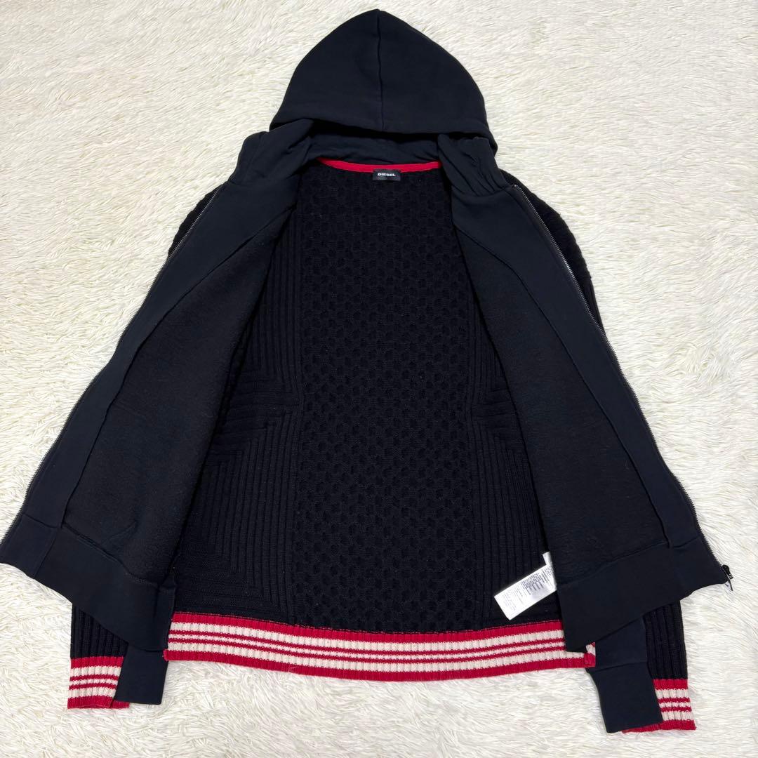 DIESEL ディーゼル ニット切り替えジャケット パーカー 黒 ロゴ 2XL