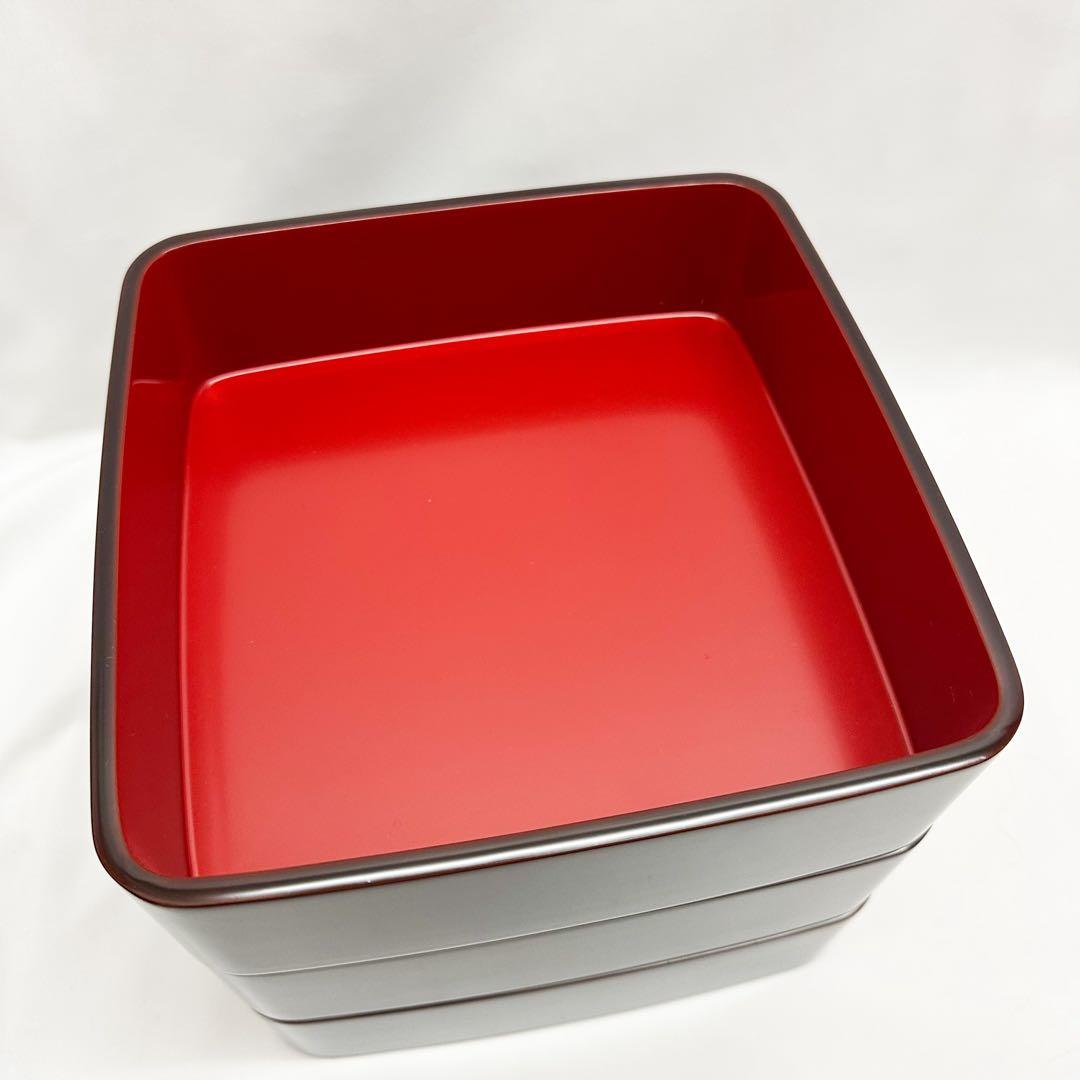 希少 未使用 輪島塗 角型 三段重 無地 W20×H19cm 溜蝋色 共箱付