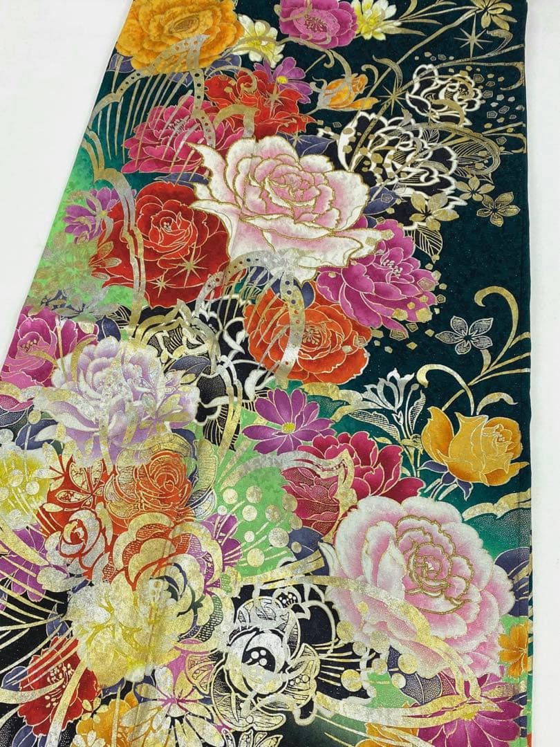 振袖 豪華 銀通し 刺繍 金彩 紋意匠 薔薇 身丈169cm パールトーン加工済
