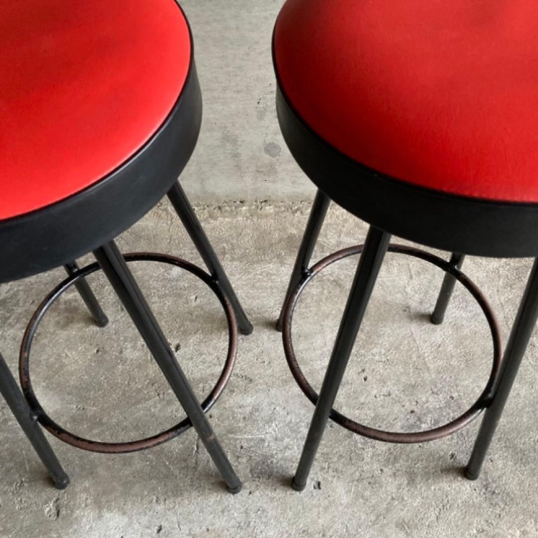ハイスツール 丸椅子 チェア 鉄脚 アイアン 食堂 赤黒 2脚 ポップ レトロ