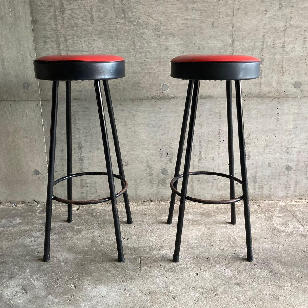ハイスツール 丸椅子 チェア 鉄脚 アイアン 食堂 赤黒 2脚 ポップ レトロ