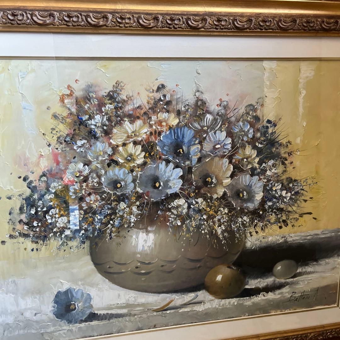 【更に値下げしました】花瓶の花 油彩画 大きめ 金色フレーム