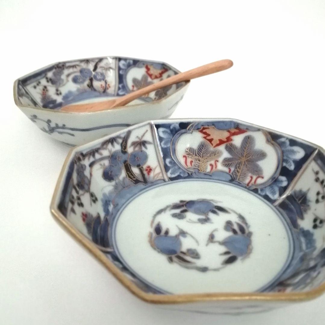 古伊万里　角福　色絵　若松　松竹梅に桃図　八角　なます皿　２客