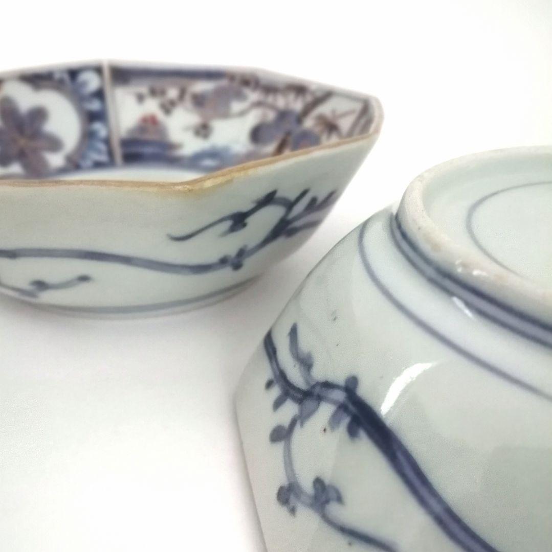 古伊万里　角福　色絵　若松　松竹梅に桃図　八角　なます皿　２客