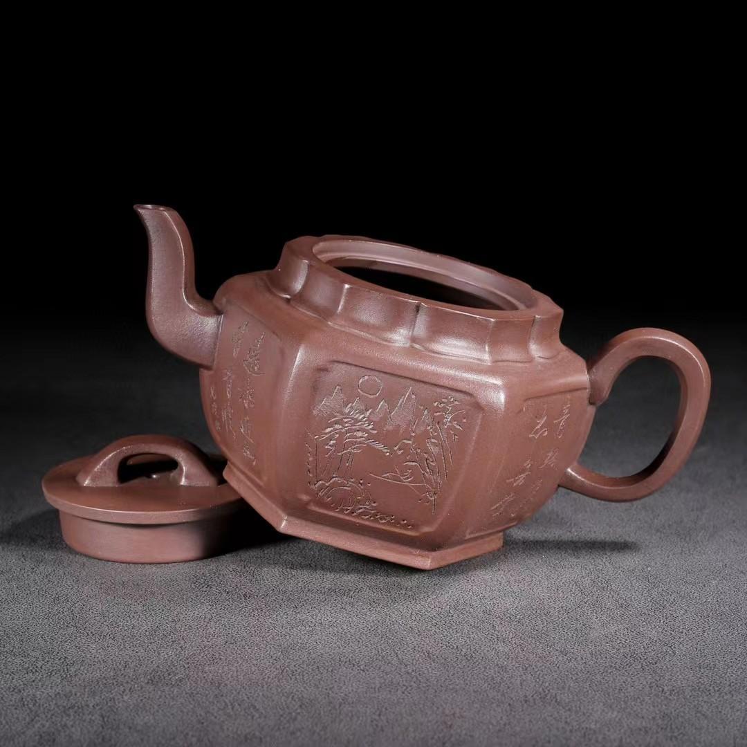 中国古美術・六角紫砂壺・ 底款:范大生・宜興原鉱・紫泥急須・茶壺・茶道具・置物