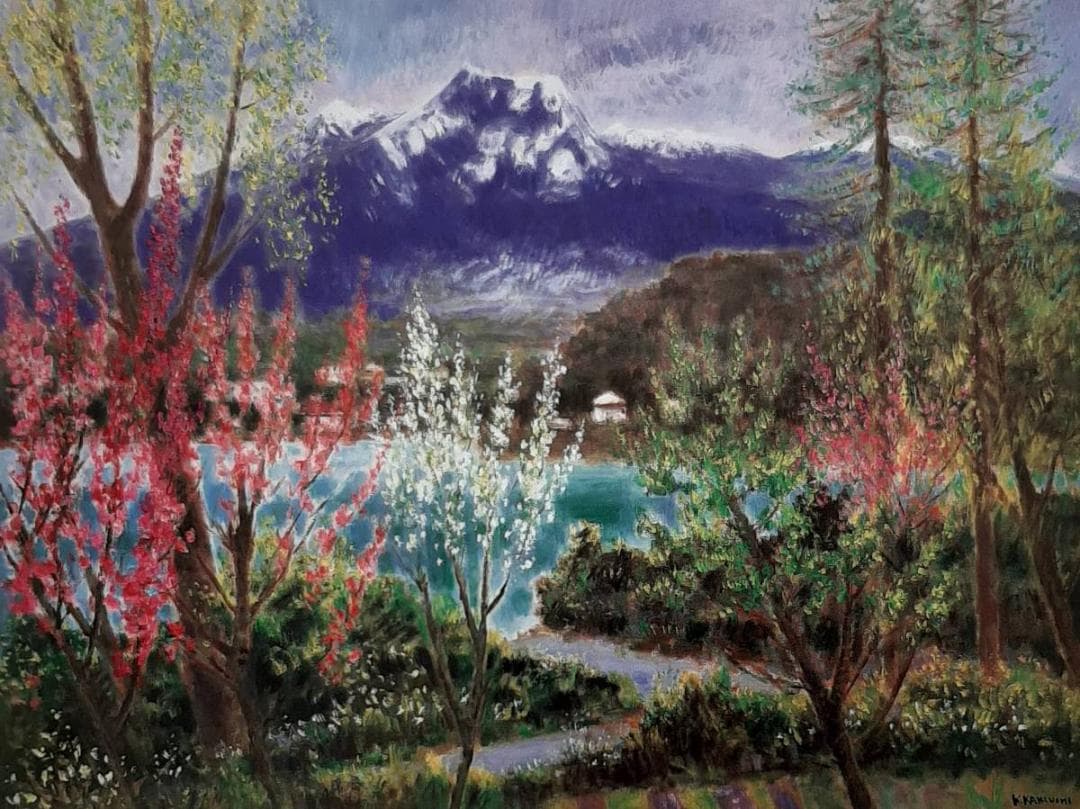 垣内カツアキ、「野尻湖と妙高」、希少画集の額装画、四季、風景