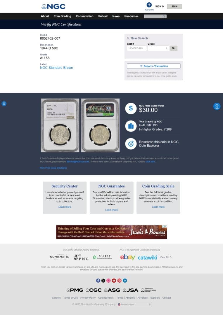USA アメリカ 1944D NGC-AU58　50C ウォーキングリバティ
