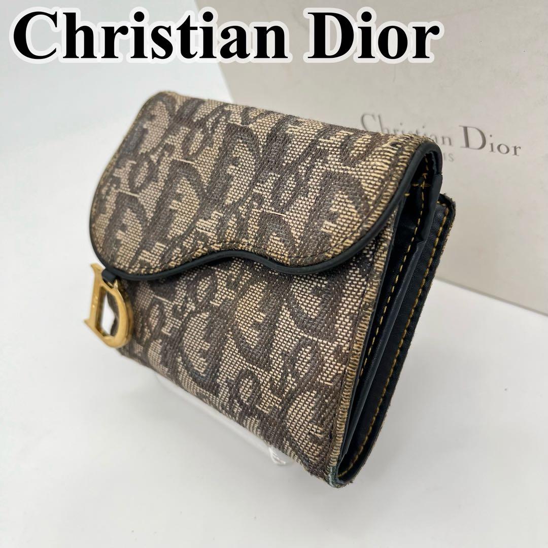 クリスチャンディオール 二つ折り財布 トロッター柄 サドル D金具 キャンバス