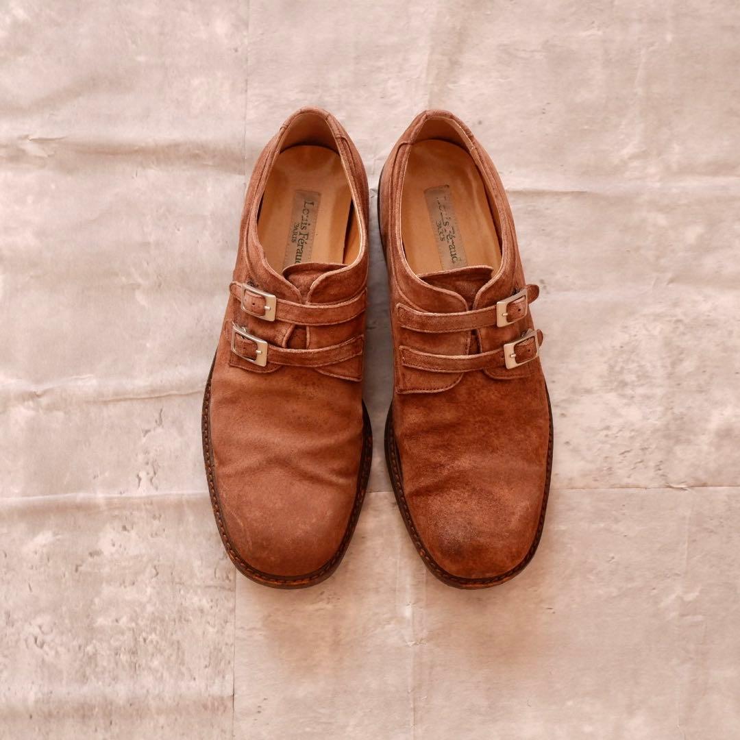 70s 80s ダブルモンク スエード 革靴 バックル フランス 26.5