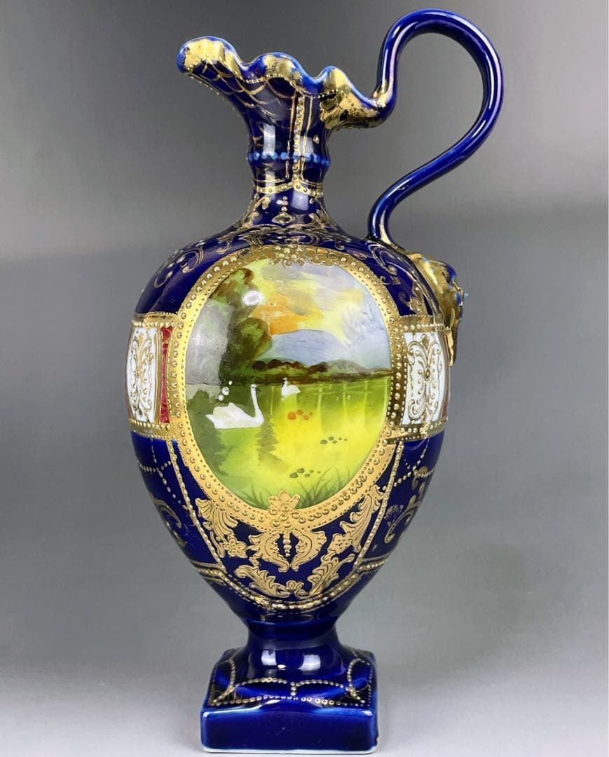 【希少】オールドニッポン ２５㎝ 瑠璃色風景紋スワン花瓶 ピッチャー 金盛り