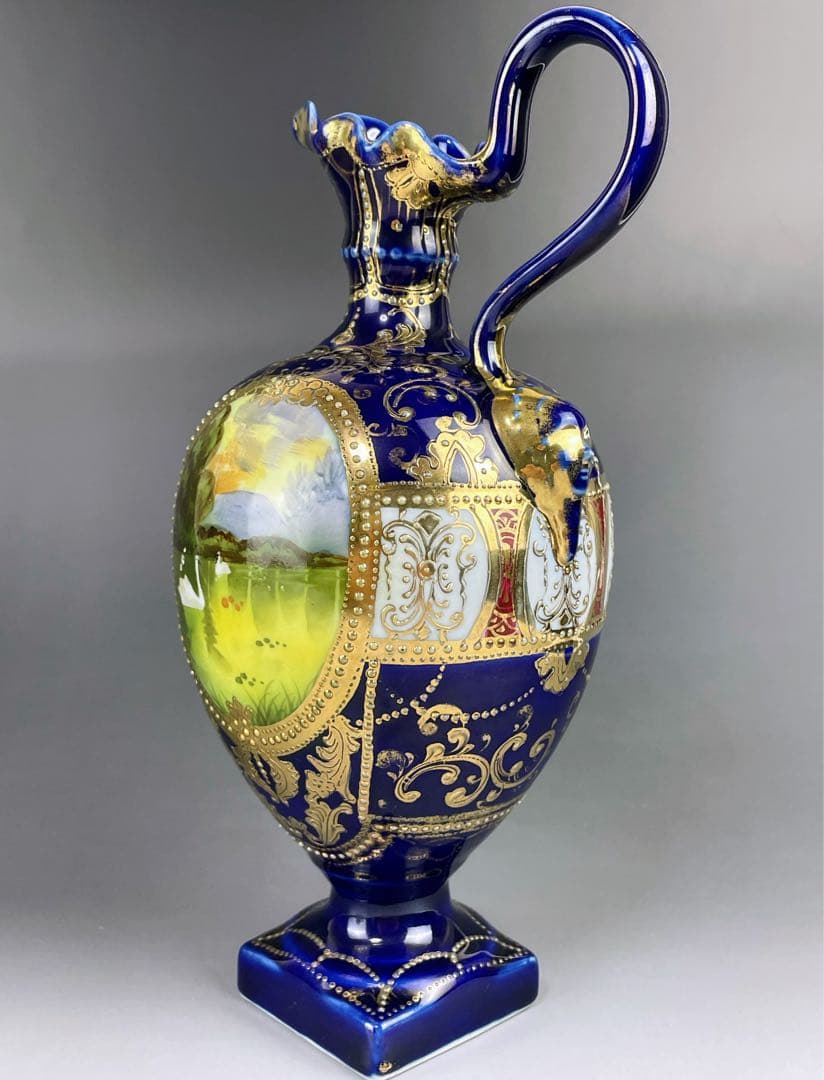 【希少】オールドニッポン ２５㎝ 瑠璃色風景紋スワン花瓶 ピッチャー 金盛り