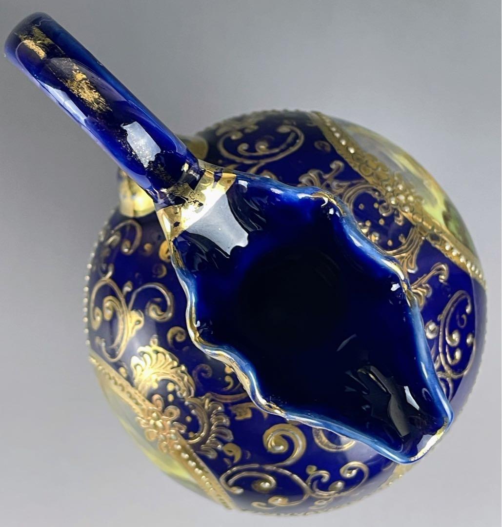 【希少】オールドニッポン ２５㎝ 瑠璃色風景紋スワン花瓶 ピッチャー 金盛り