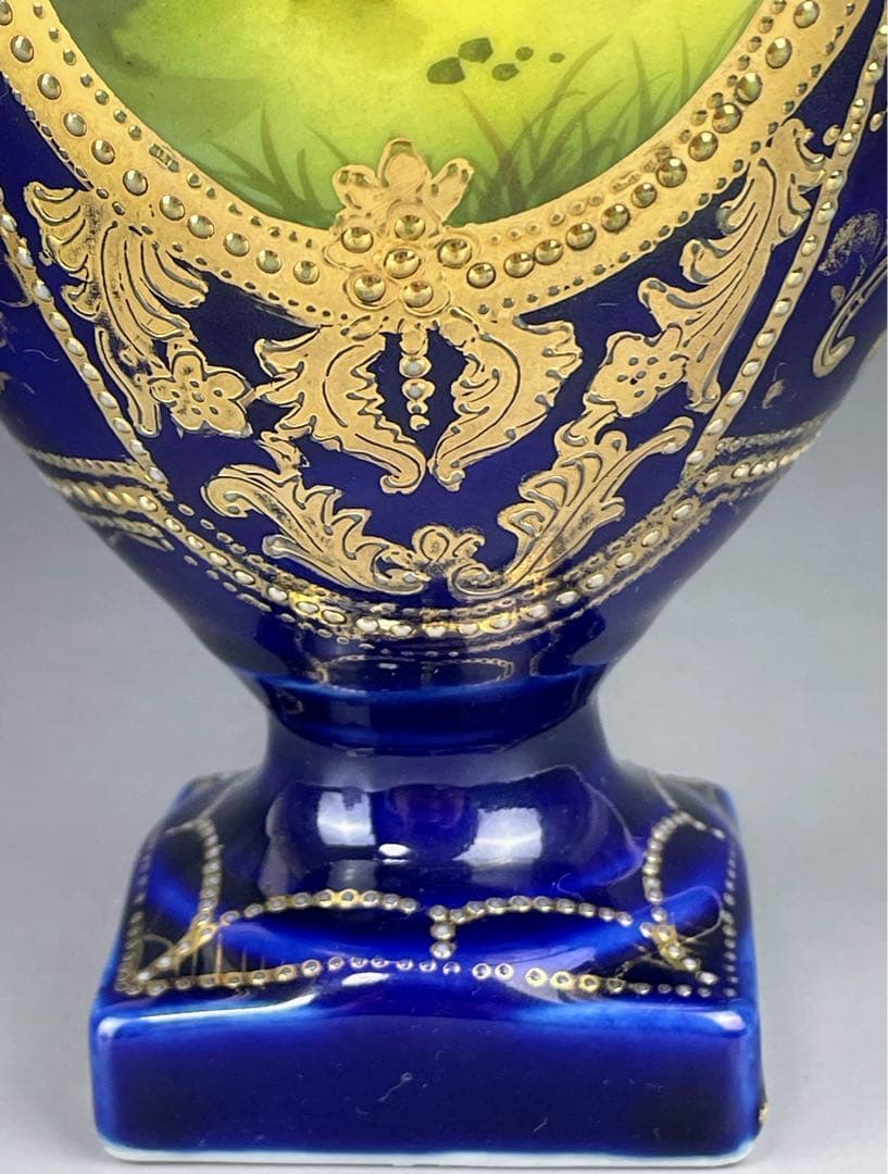 【希少】オールドニッポン ２５㎝ 瑠璃色風景紋スワン花瓶 ピッチャー 金盛り