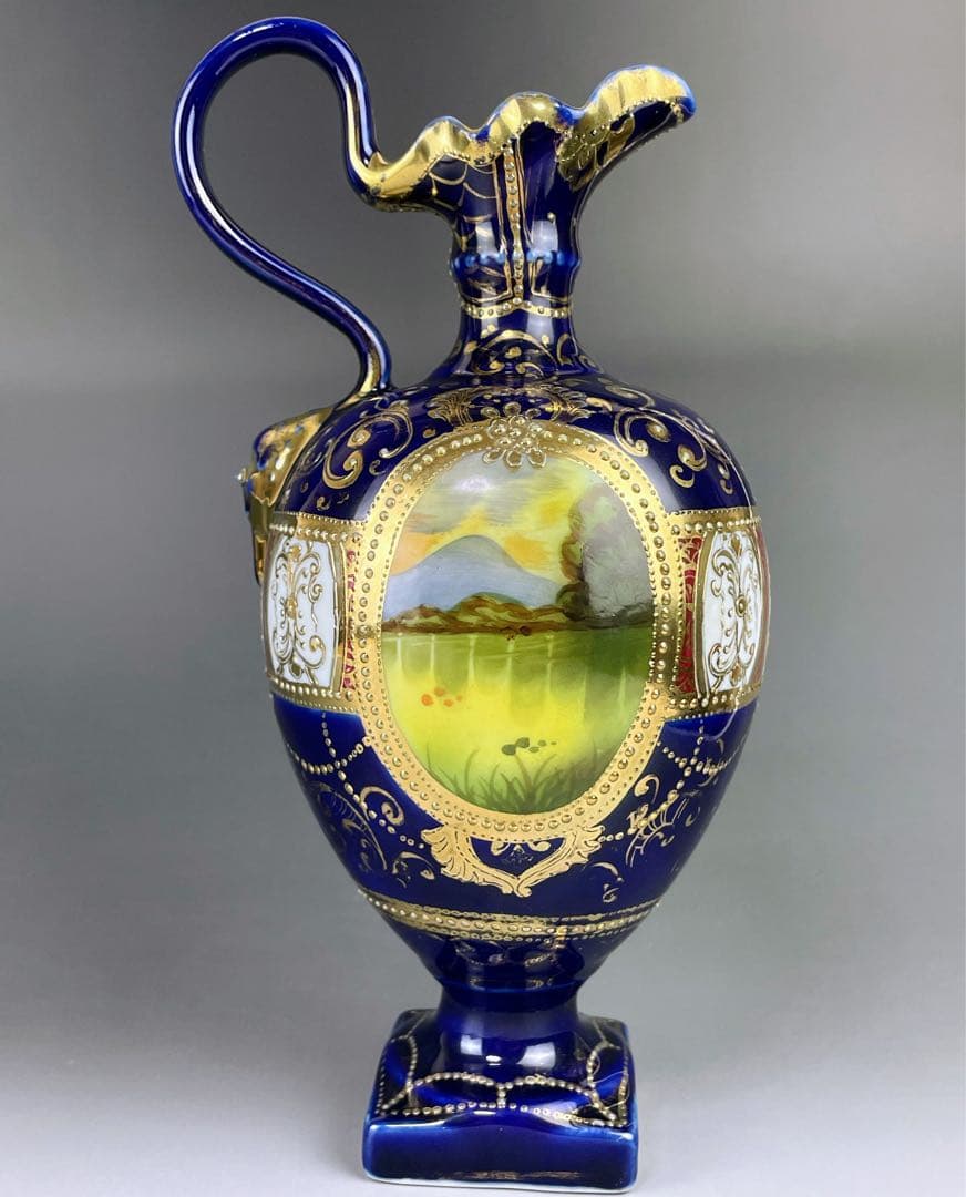 【希少】オールドニッポン ２５㎝ 瑠璃色風景紋スワン花瓶 ピッチャー 金盛り